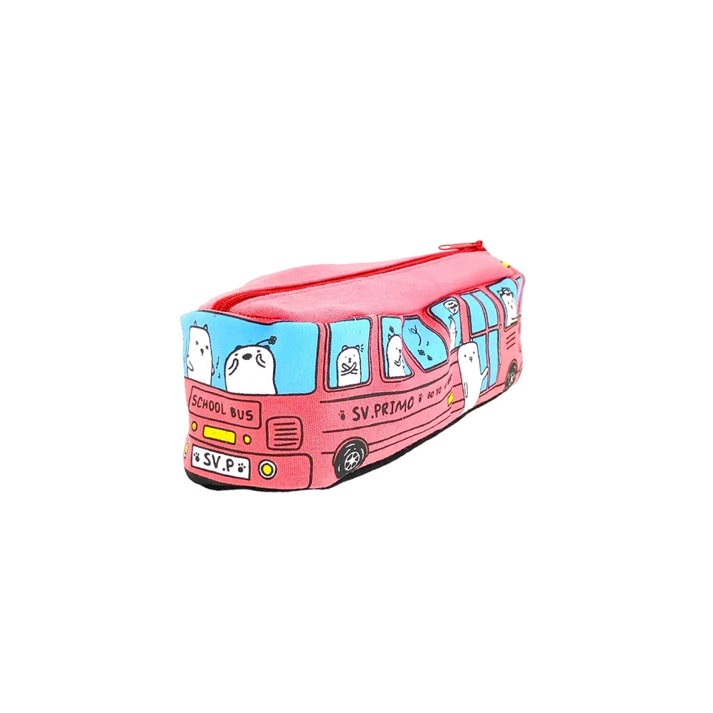 Red Bus pencil case with one compartment and zip closure angled view