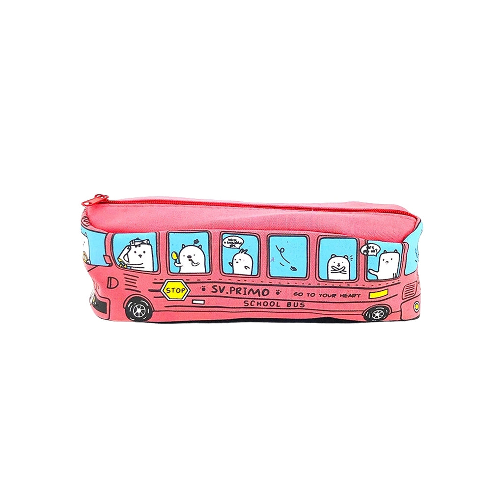 Red Bus pencil case with one compartment and zip closure back view