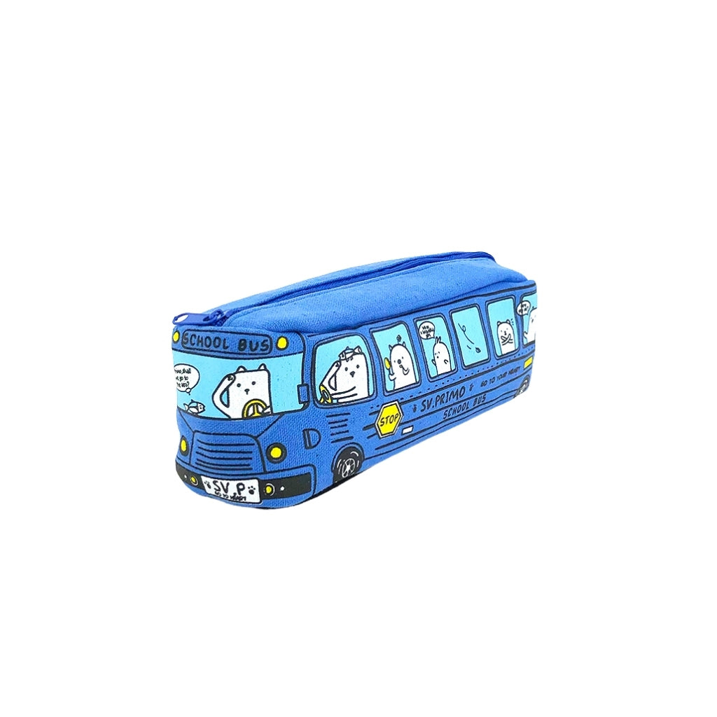 Blue Bus pencil case with one compartment and zip closure angled view