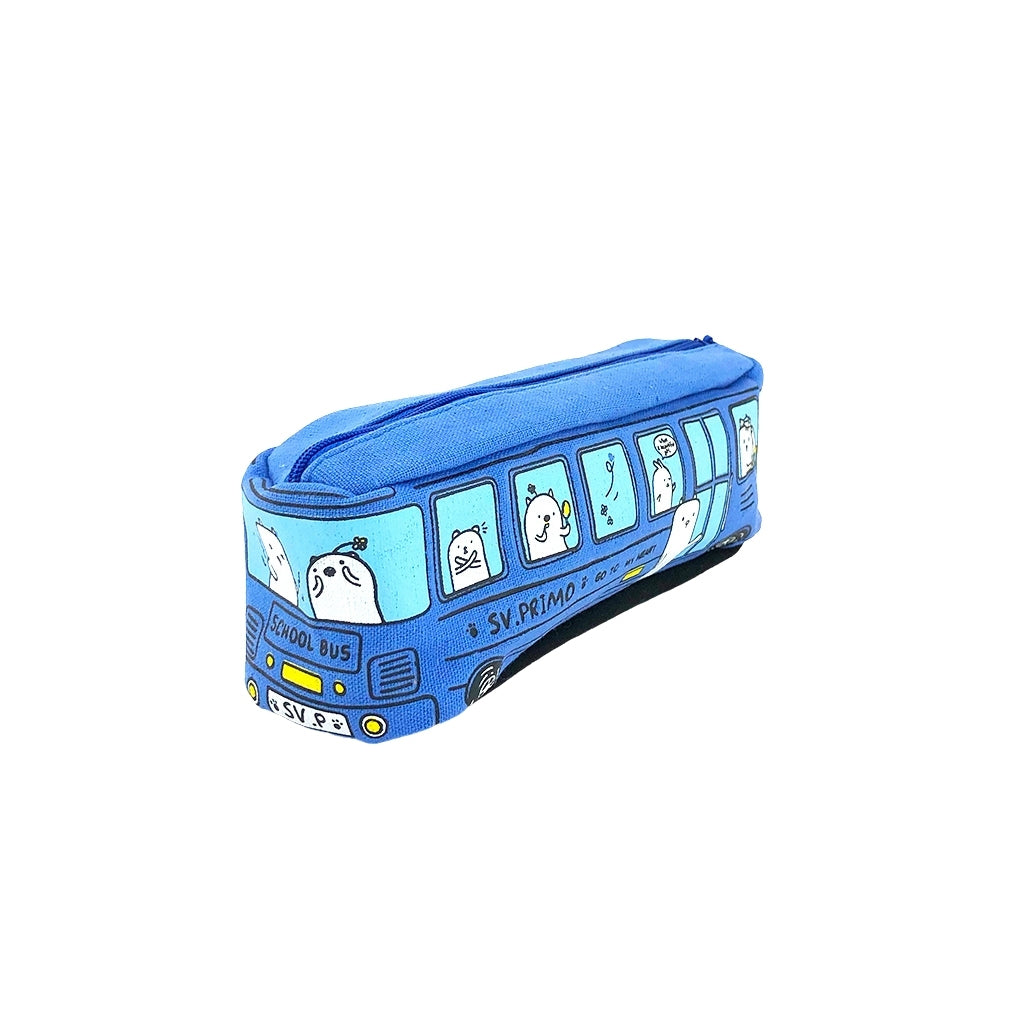 Blue Bus pencil case with one compartment and zip closure angled view