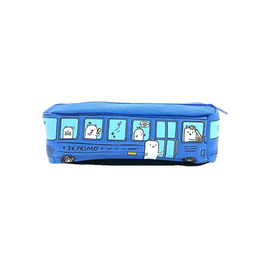 Blue Bus pencil case with one compartment and zip closure front view