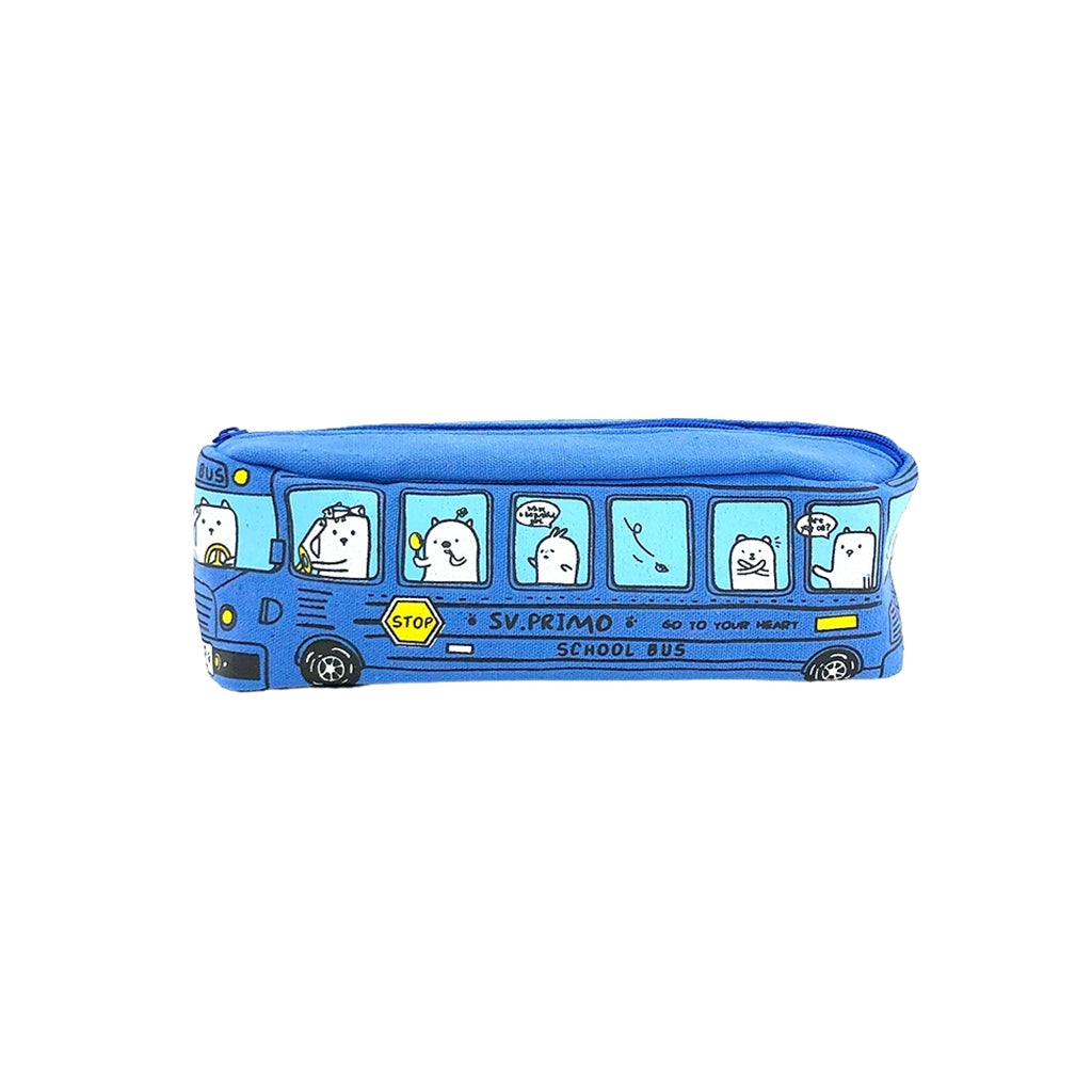 Blue Bus pencil case with one compartment and zip closure back view