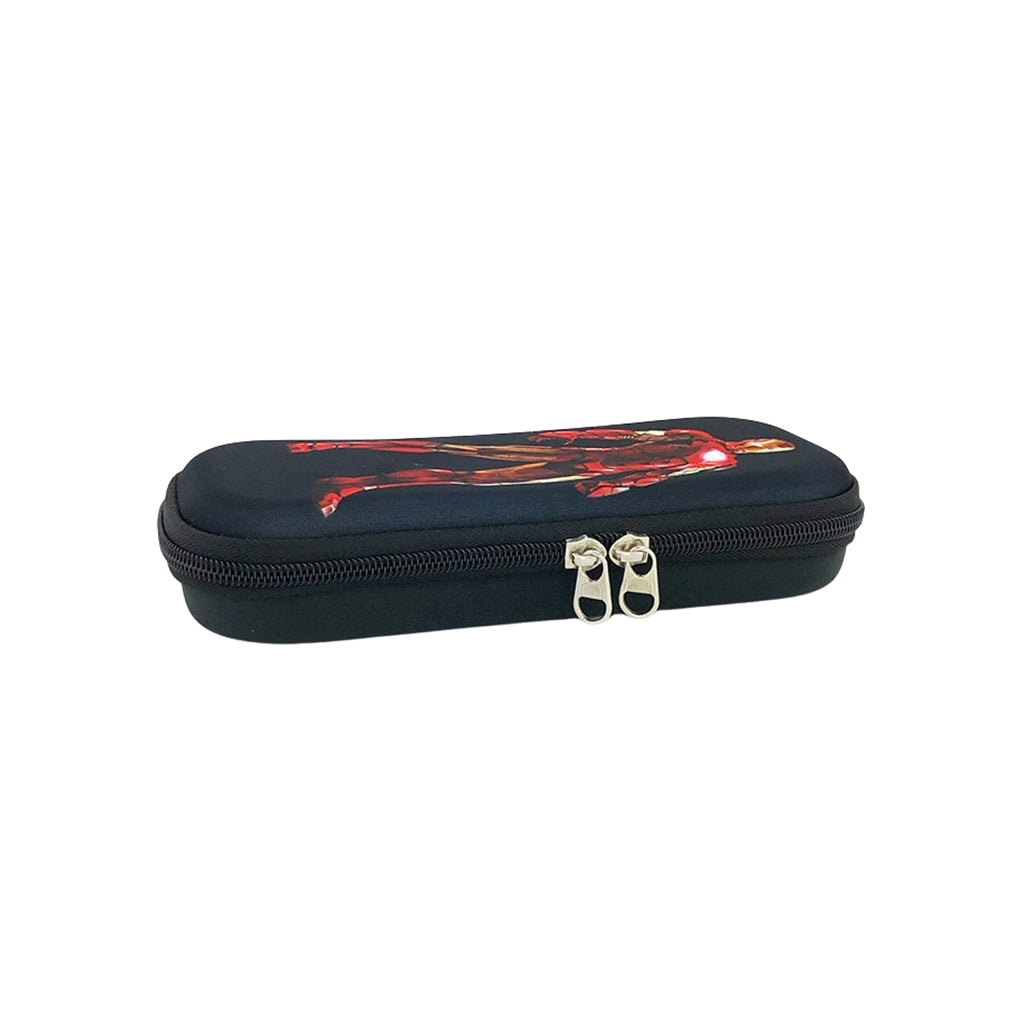 Ironman pencil case with one compartment and zip closure angled view.