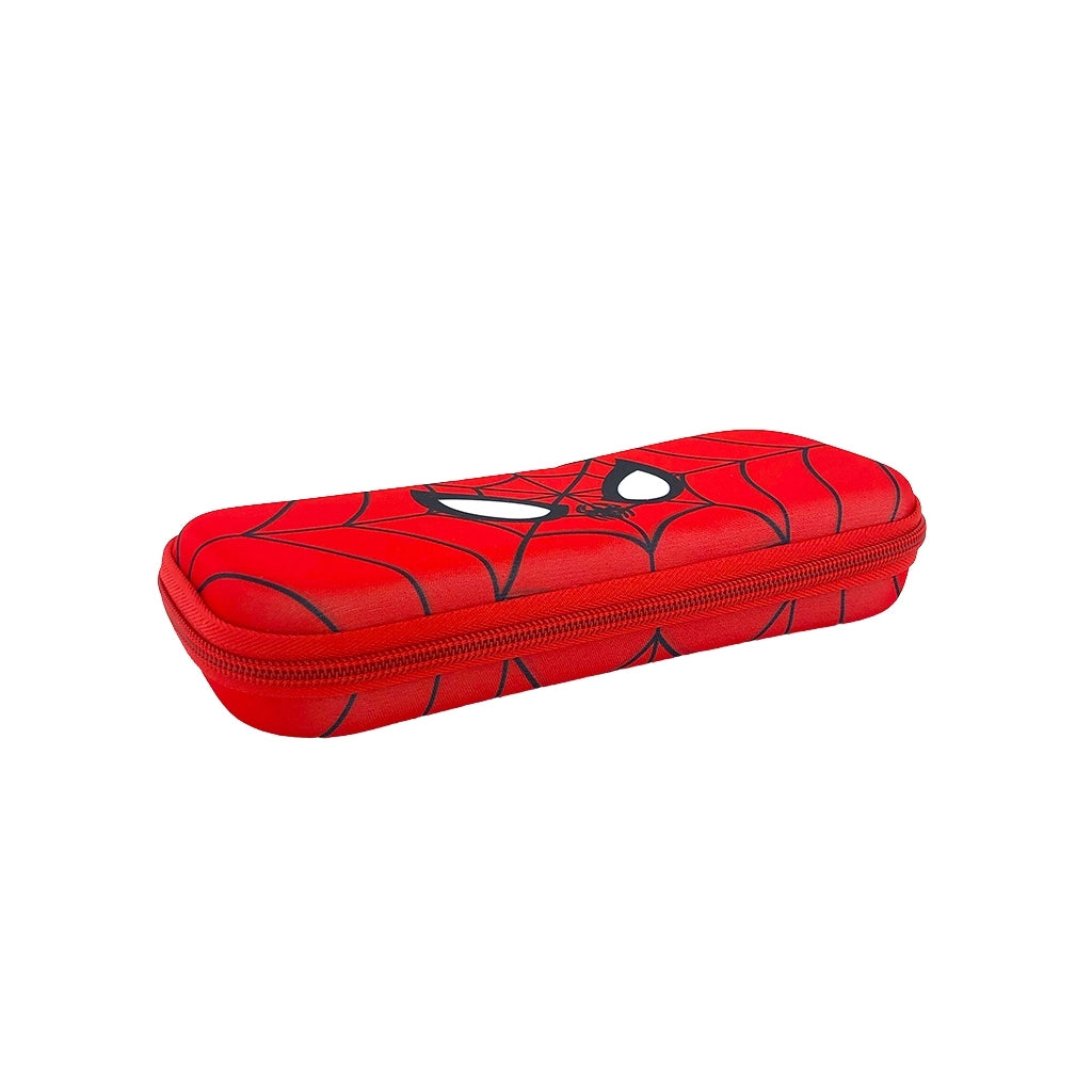 Red spider pencil case with one compartment and zip closure angled view