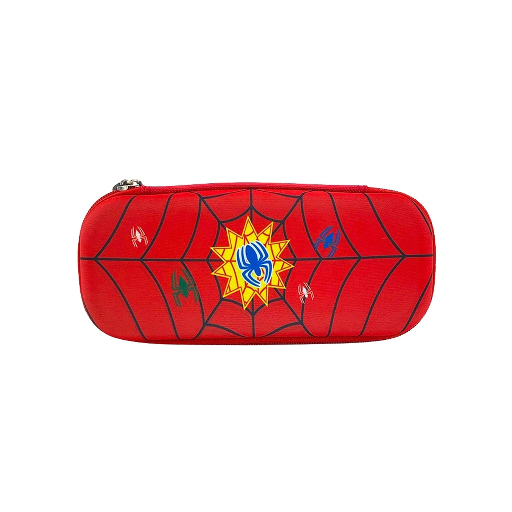 Red spider pencil case with one compartment and zip closure back view