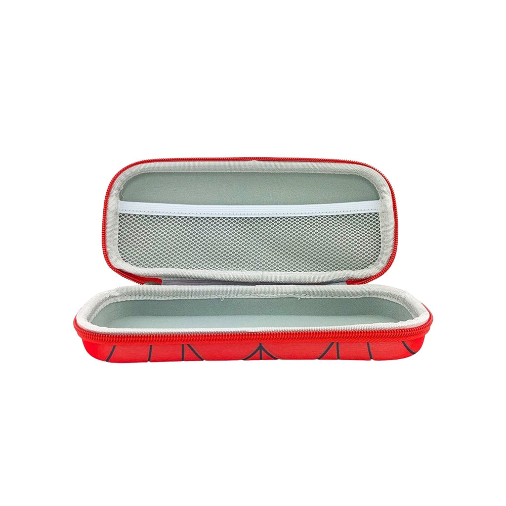 Red spider pencil case with one compartment and zip closure open view
