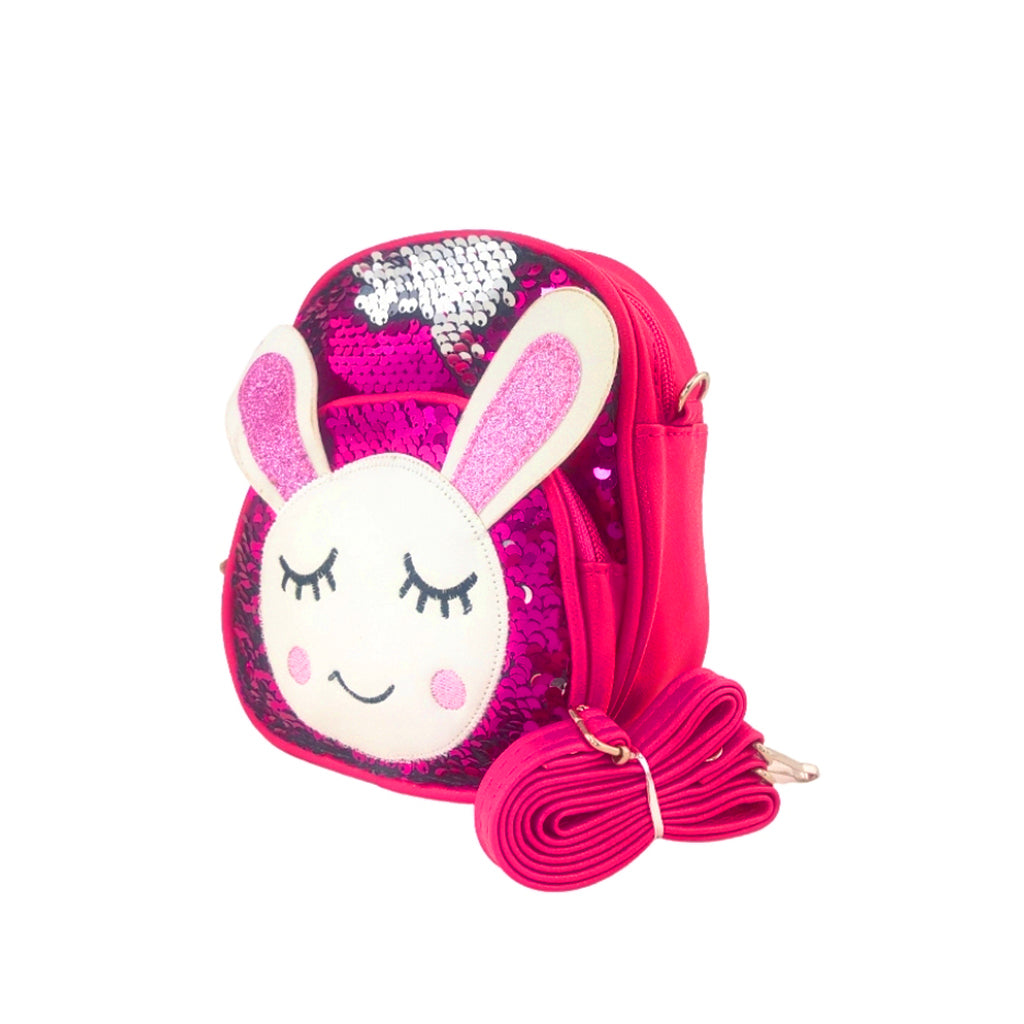 Glitter Bunny Backpack angled view with two compartments and strap