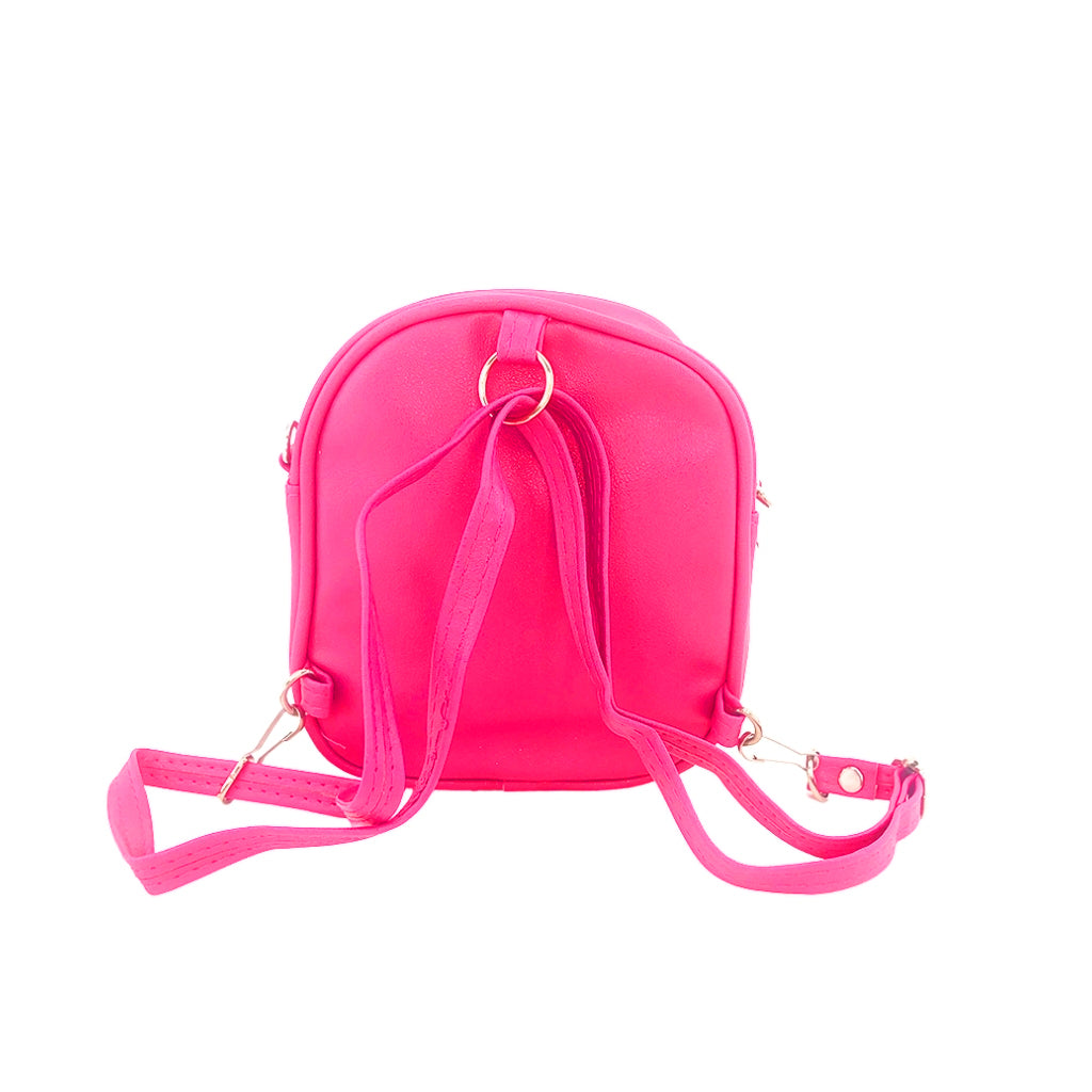 Glitter Bunny Backpack back view with two compartments and keyrings and strap to wear as cross shoulder or backpack