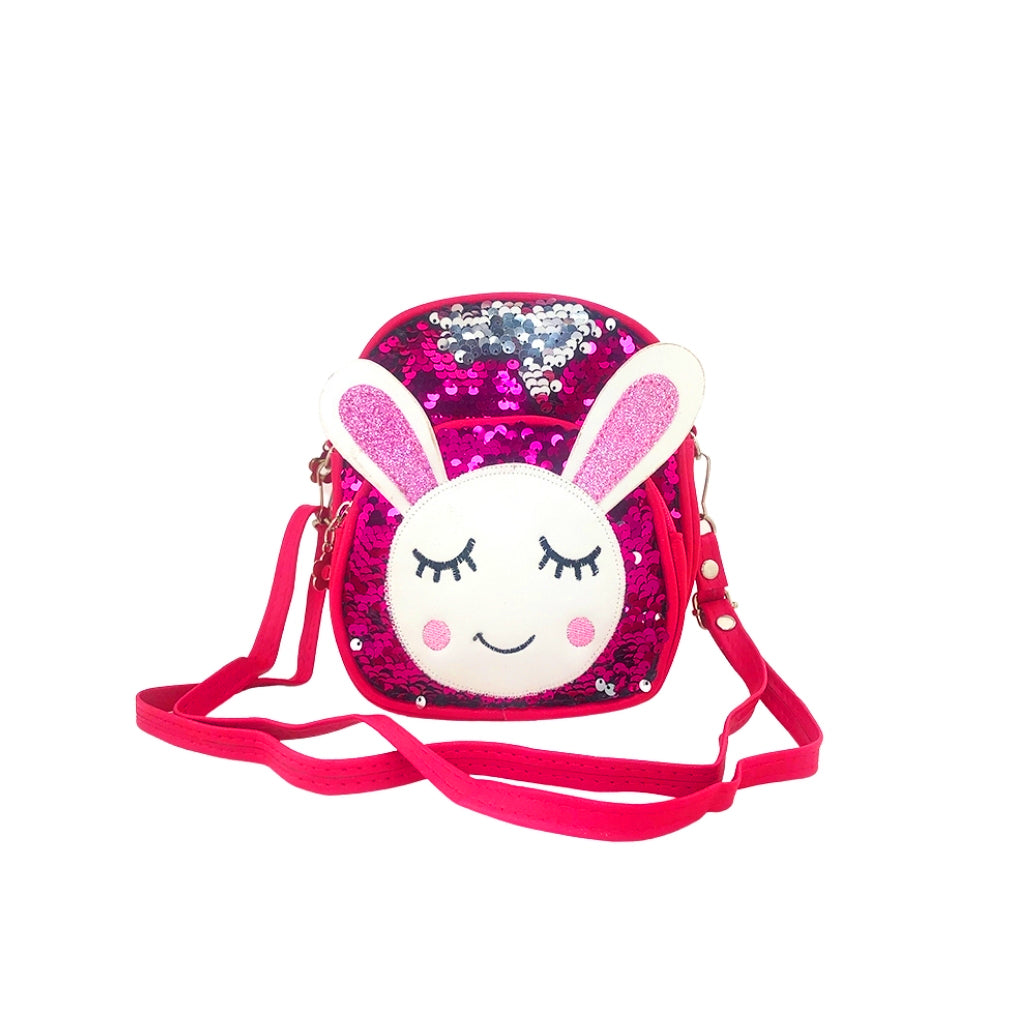 Glitter Bunny Backpack front view with two compartments and keyrings and strap