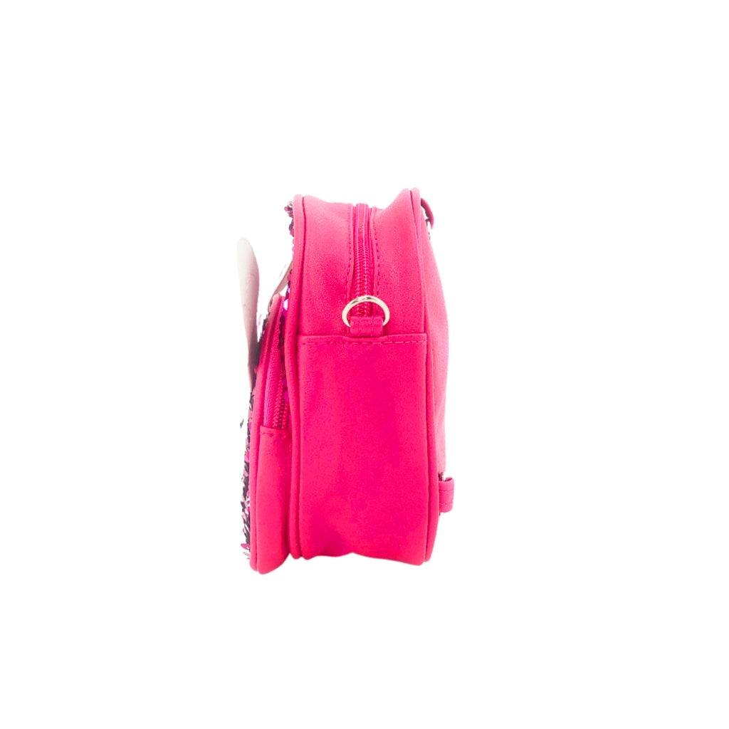 Glitter Bunny Backpack side view with two compartments and keyrings for strap