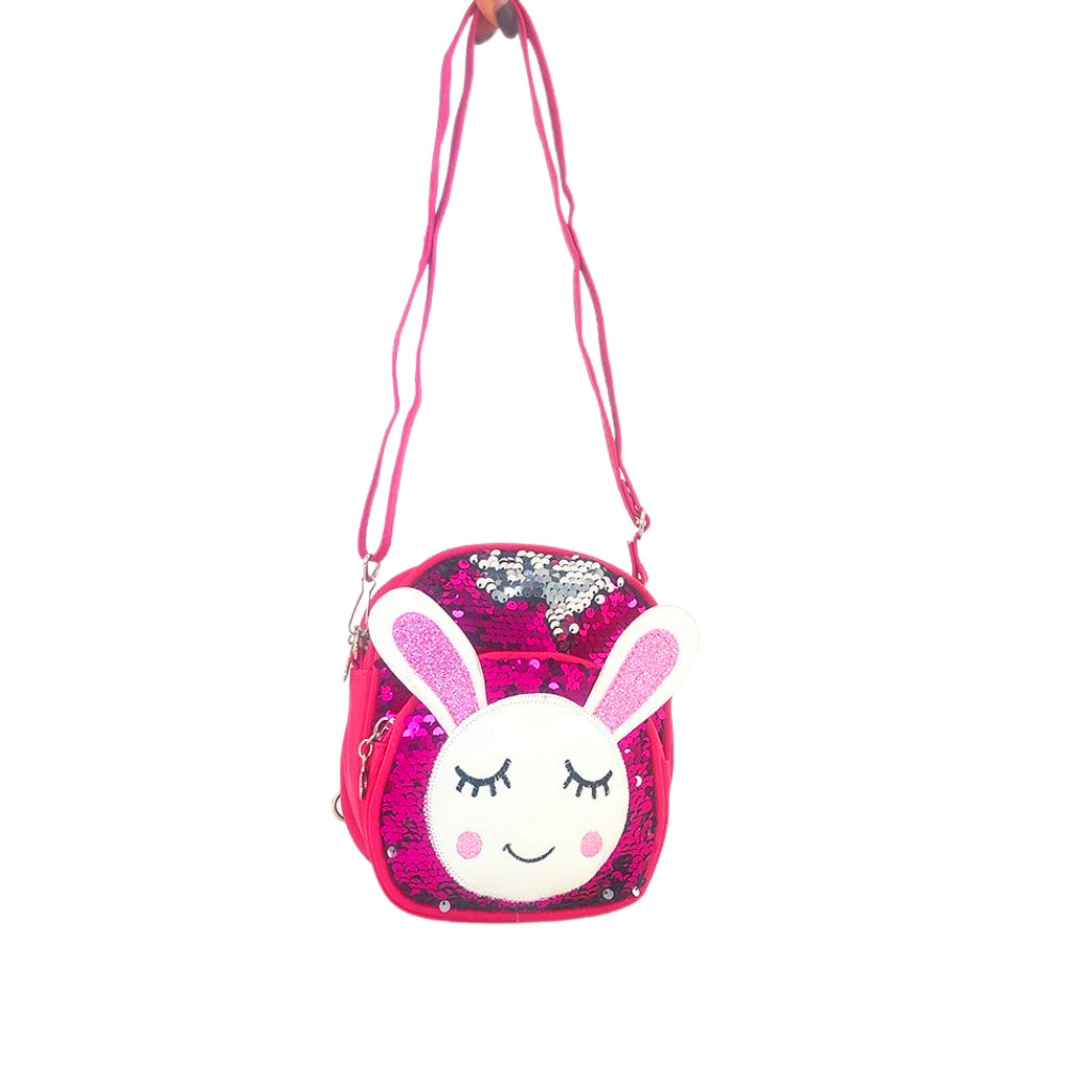 Glitter Bunny Backpack front view with two compartments and keyrings and strap to wear as cross shoulder or backpack