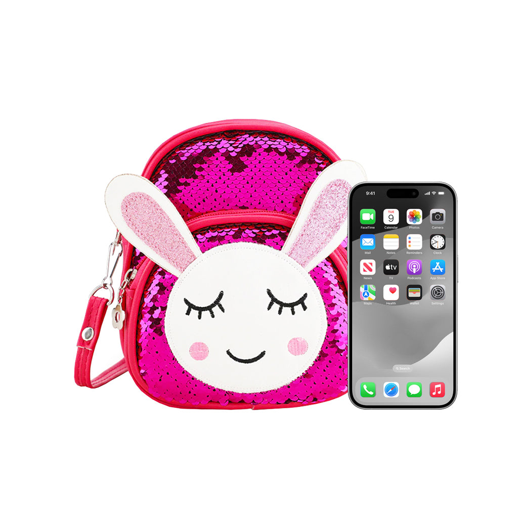 Glitter Bunny Backpack front view with two compartments size comparison with an iphone 15