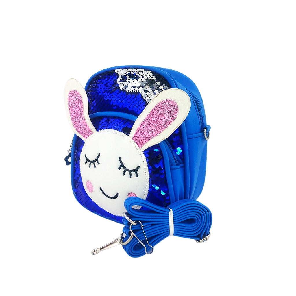 Glitter Bunny Backpack angled view with two compartments and strap with sequin detail
