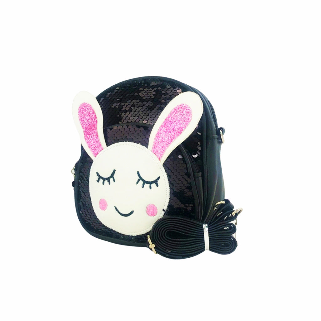 Glitter Bunny Backpack angled view with two compartments and strap with sequin detail