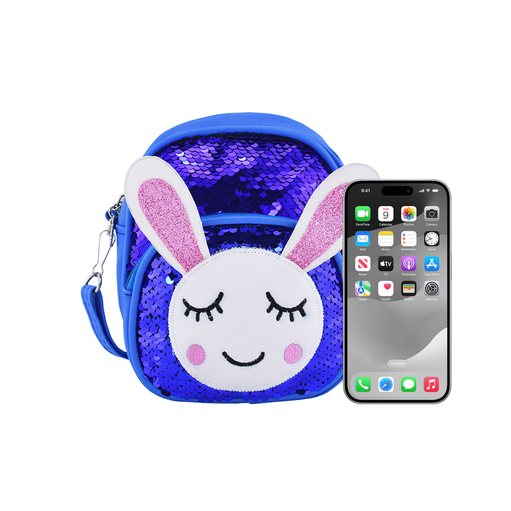 Glitter Bunny Backpack front view with two compartments size comparison with an iphone 15