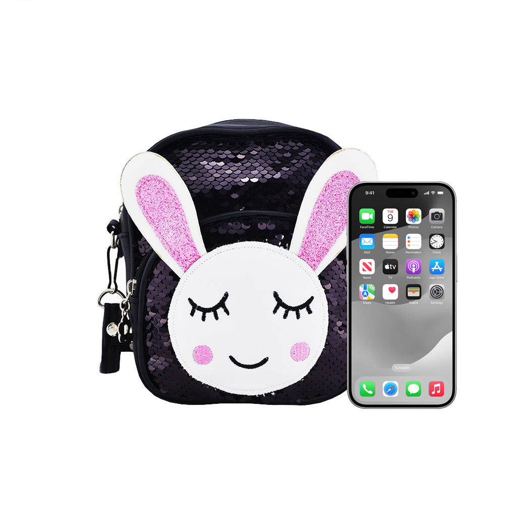 Glitter Bunny Backpack front view with two compartments size comparison with an iphone 15