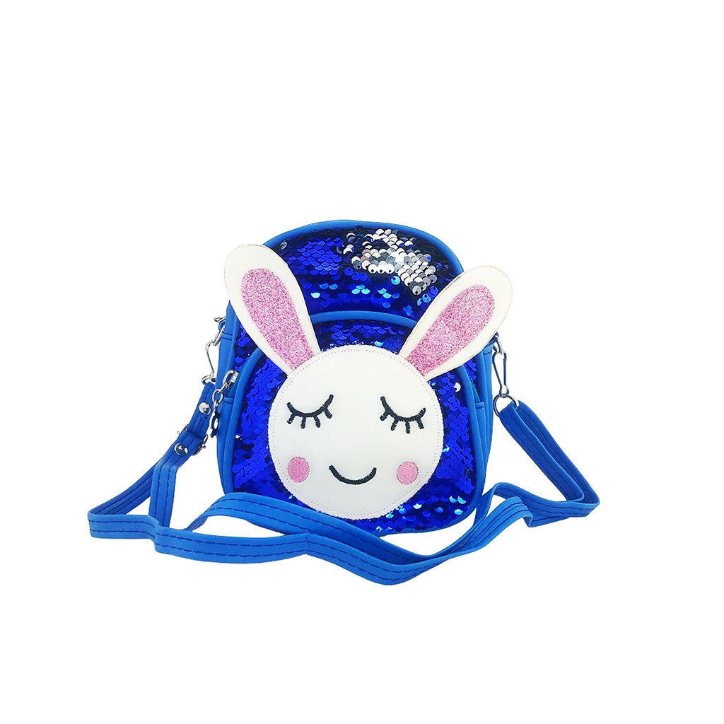 Glitter Bunny Backpack front view with two compartments and keyrings and strap