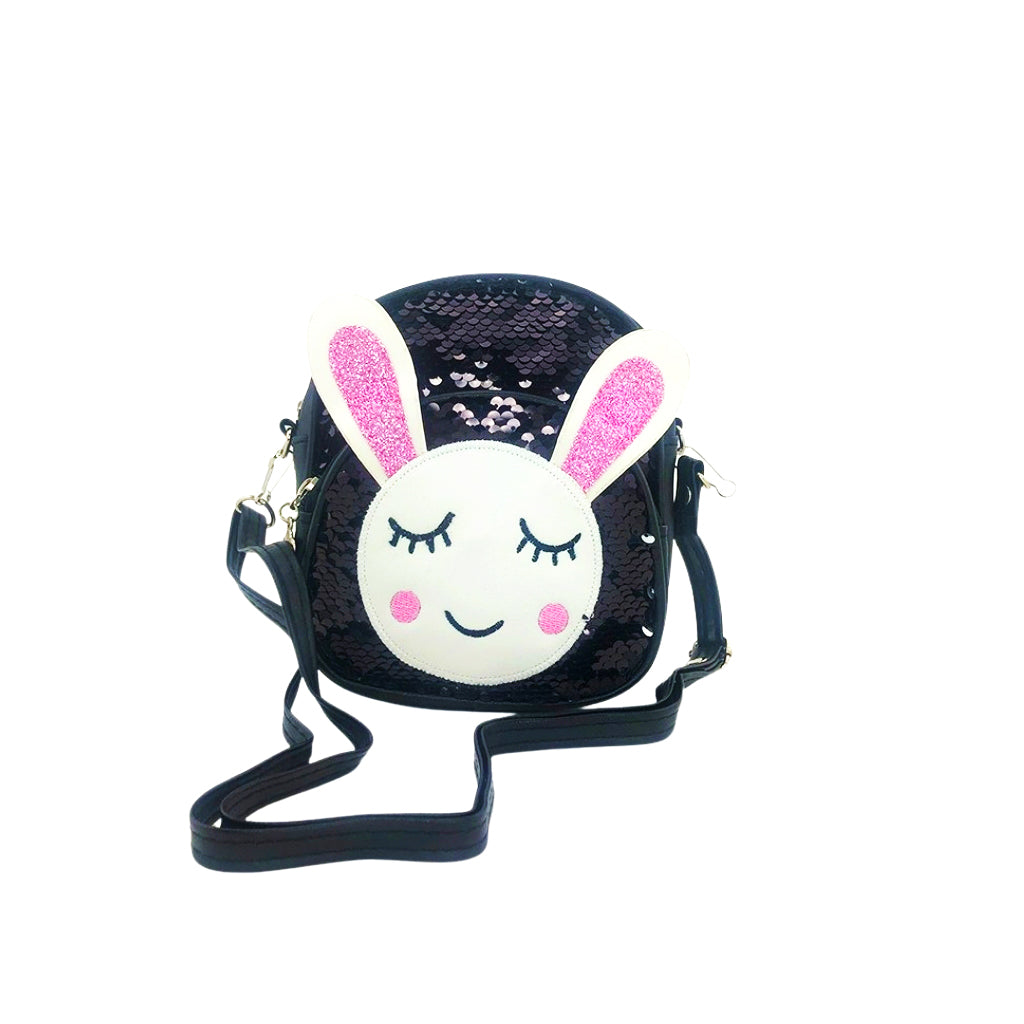 Glitter Bunny Backpack front view with two compartments and keyrings and strap
