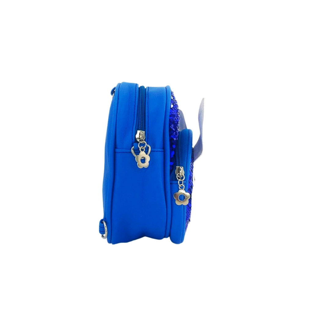 Glitter Bunny Backpack side view with two compartments and keyrings for strap