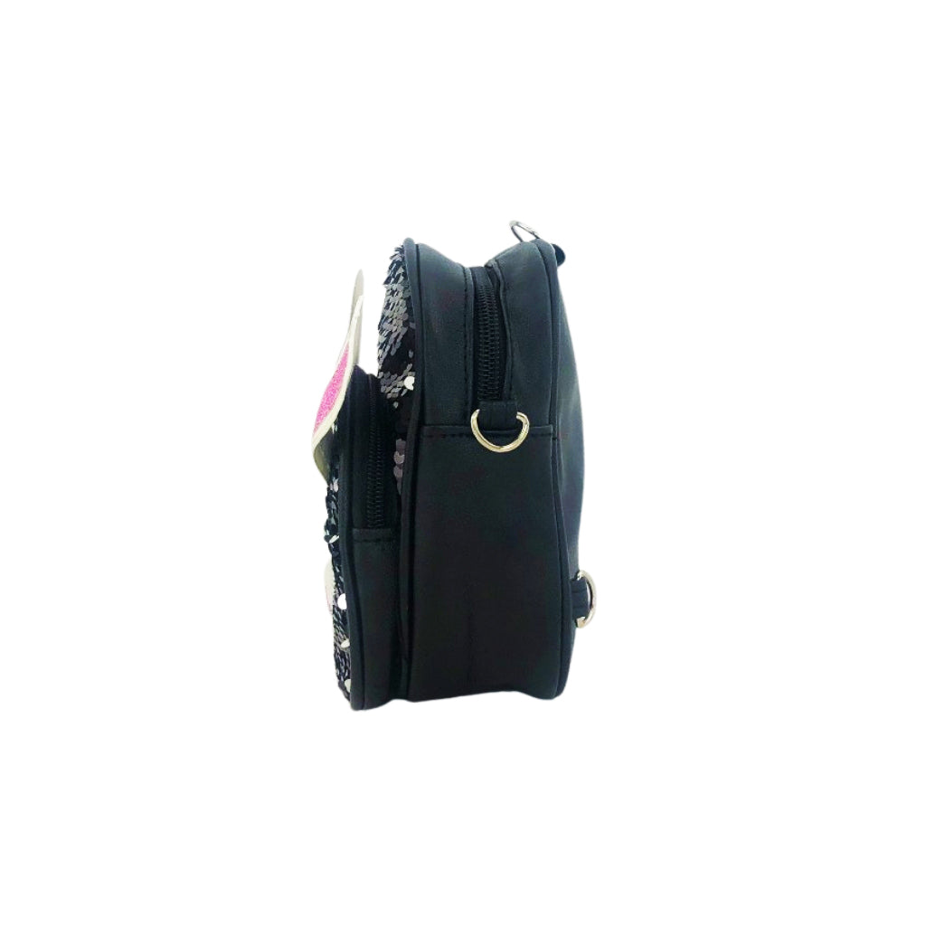 Glitter Bunny Backpack side view with two compartments and keyrings for strap