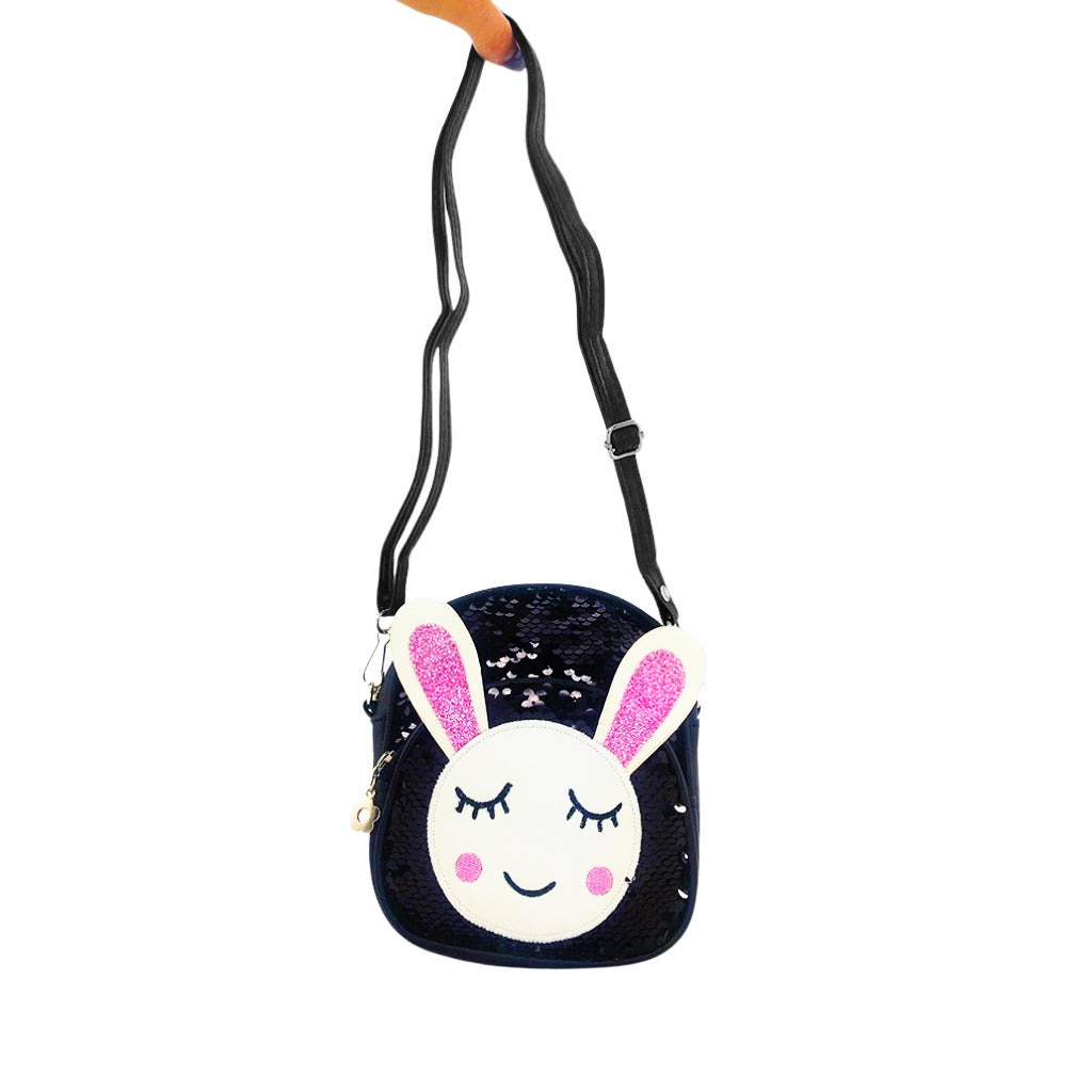 Glitter Bunny Backpack back view with two compartments and keyrings and strap to wear as cross shoulder or backpack