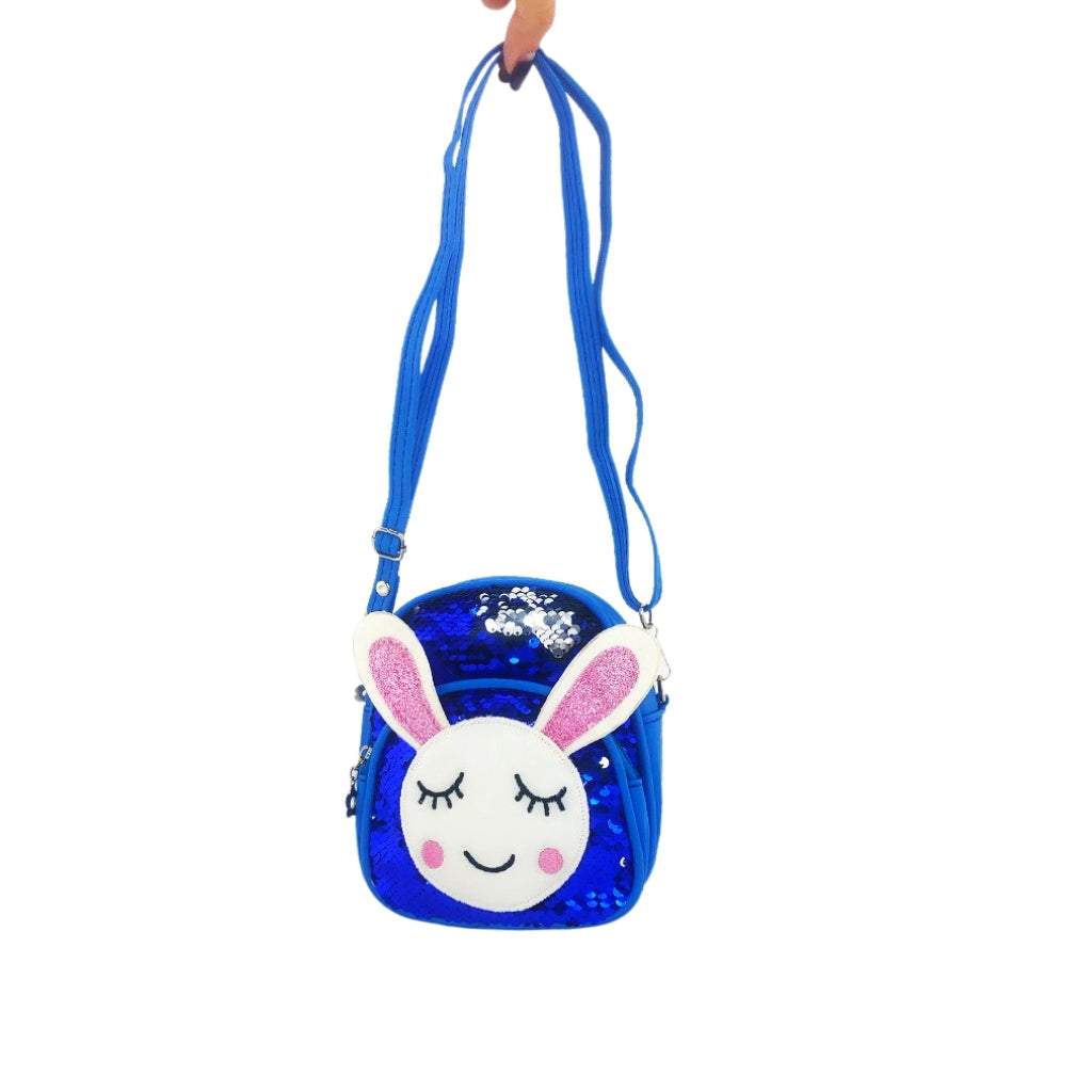 Glitter Bunny Backpack front view with two compartments and keyrings and strap to wear as cross shoulder or backpack