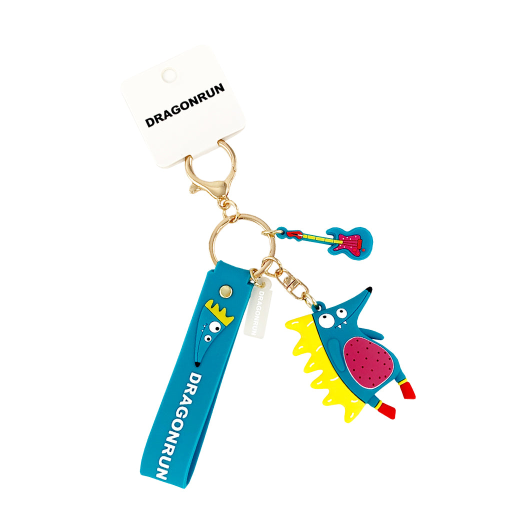 Crazy Hedgehog Keyring in teal with strap, guitar and gold hardware and chain