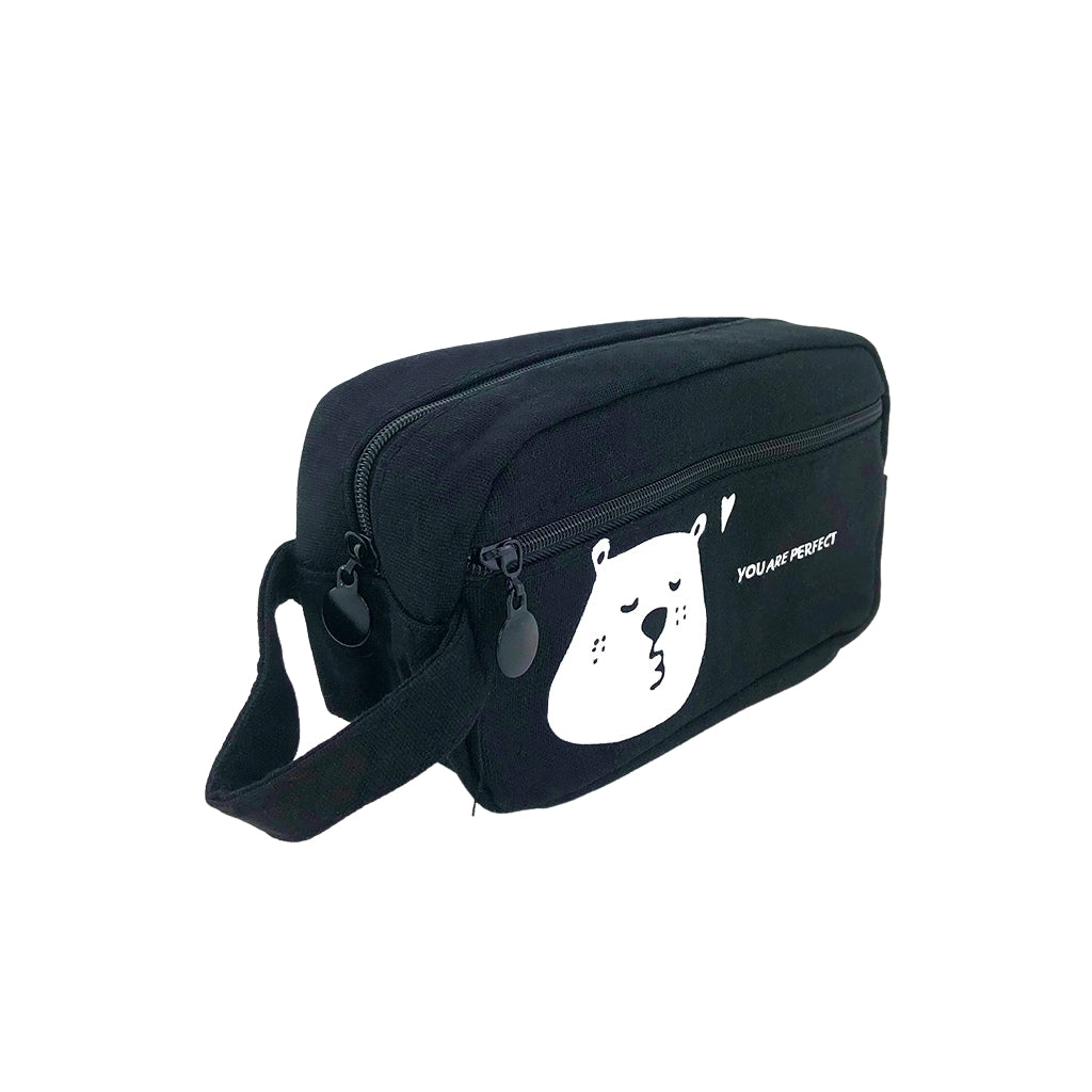 Black pencil case with beat design and one big compartment and small front pocket with zipper front angled view