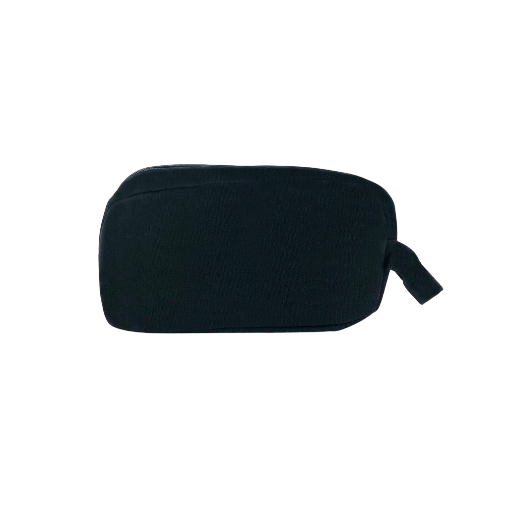 Black pencil case with beat design and one big compartment and small front pocket with zipper front back view