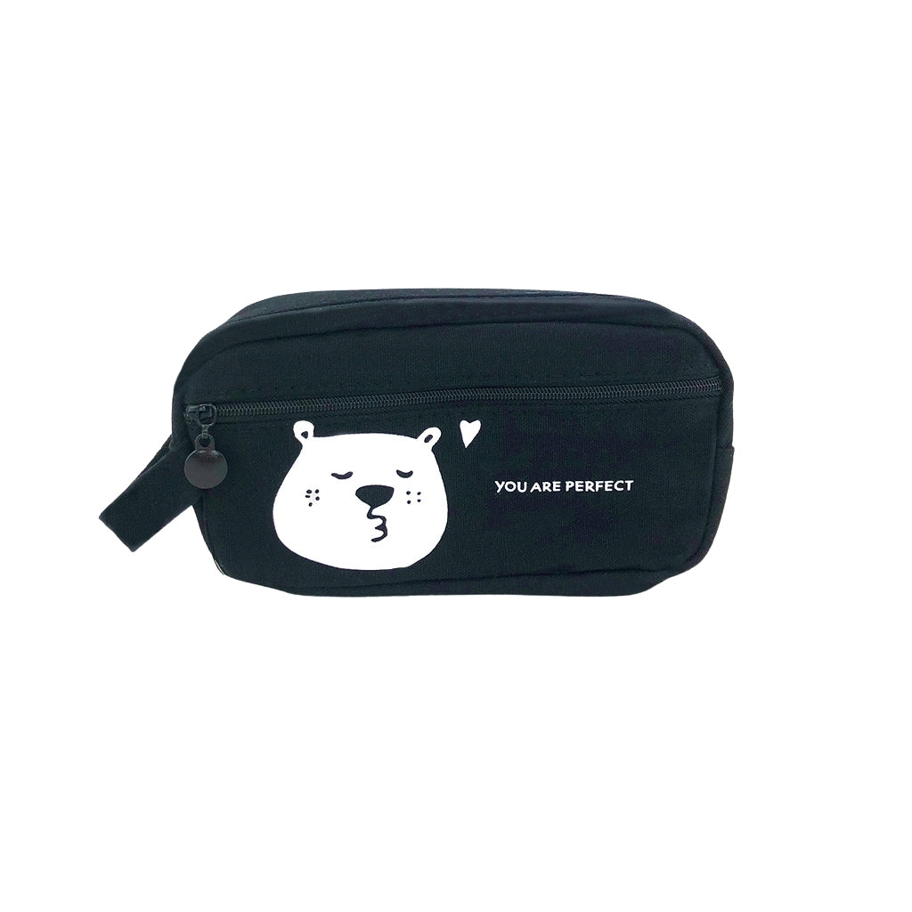 Black pencil case with beat design and one big compartment and small front pocket with zipper front front view