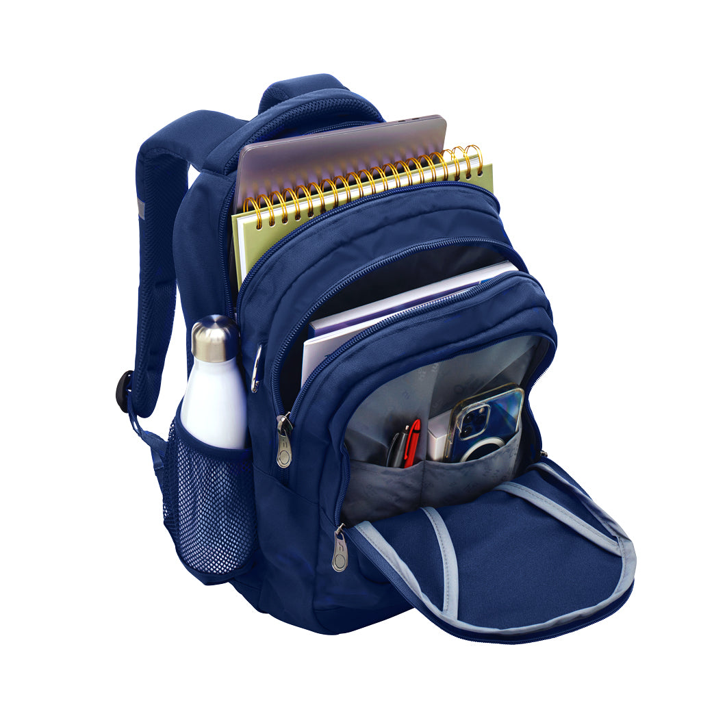 Fully open view of the Anatomic Large backpack in Navy. Inside view showing the back middle and front pocket. The backpack has been packed with a laptop, school books, pens and a phone. the outside mesh pocket holds a metal water bottle.