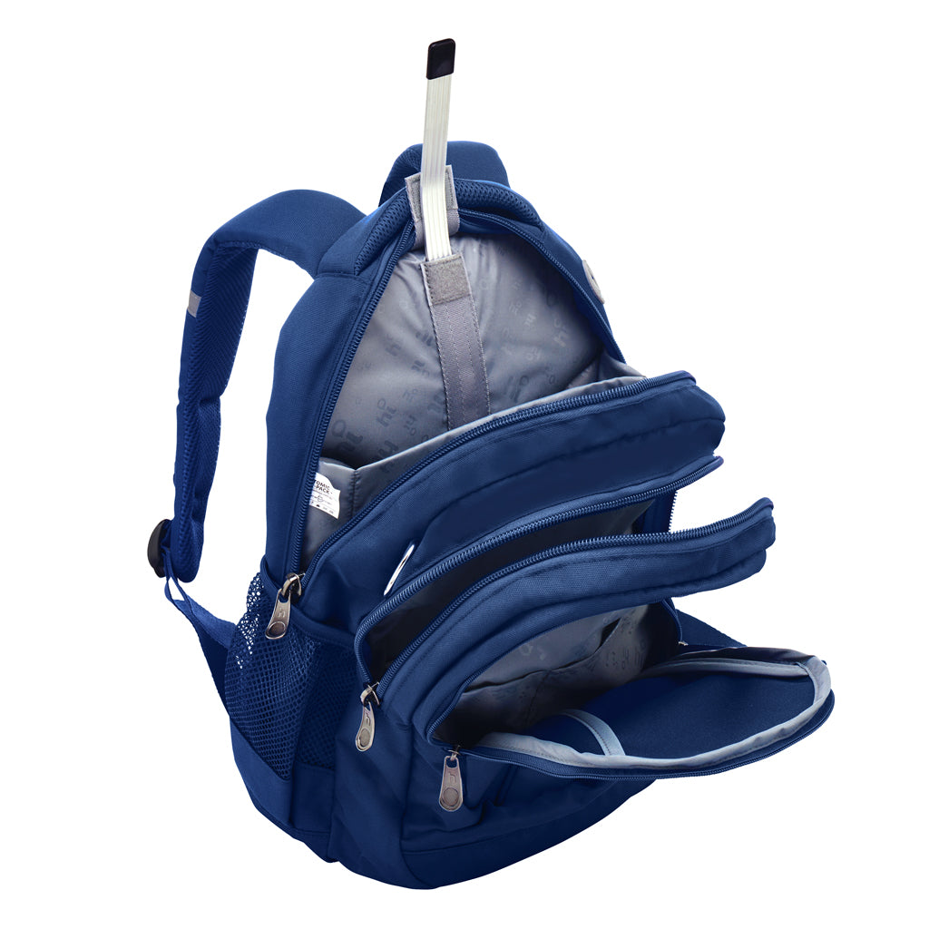 Fully open view of the Anatomic Large backpack in Navy. Inside view showing the back, middle and front pocket and the internals 'S' shaped spinal rod.