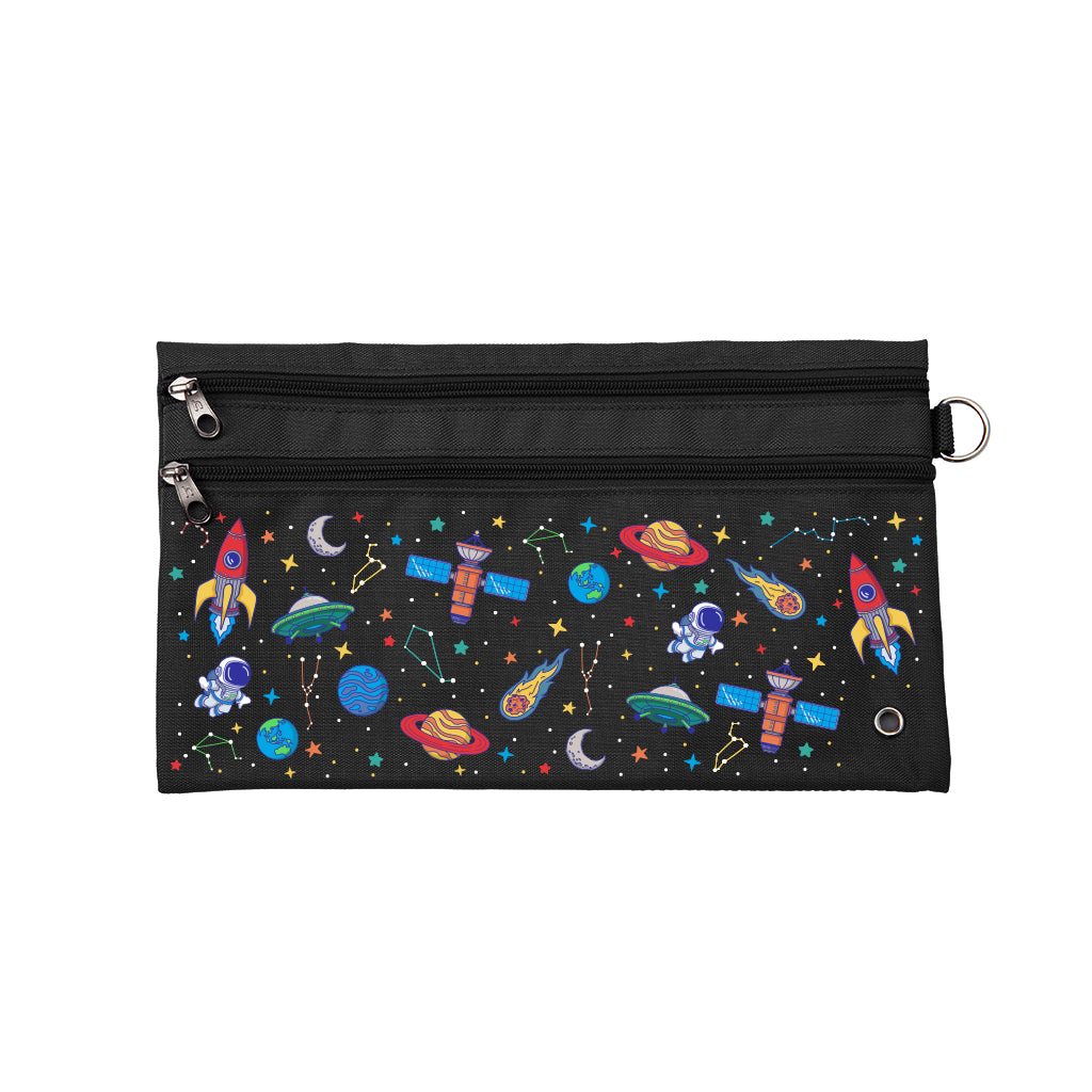 Harlequin Pencil Case in Black with Galaxy Boy design from the Harlequin Creatix Signature Series. Front view displaying two zip compartments, ventilation eyelet and D-ring.