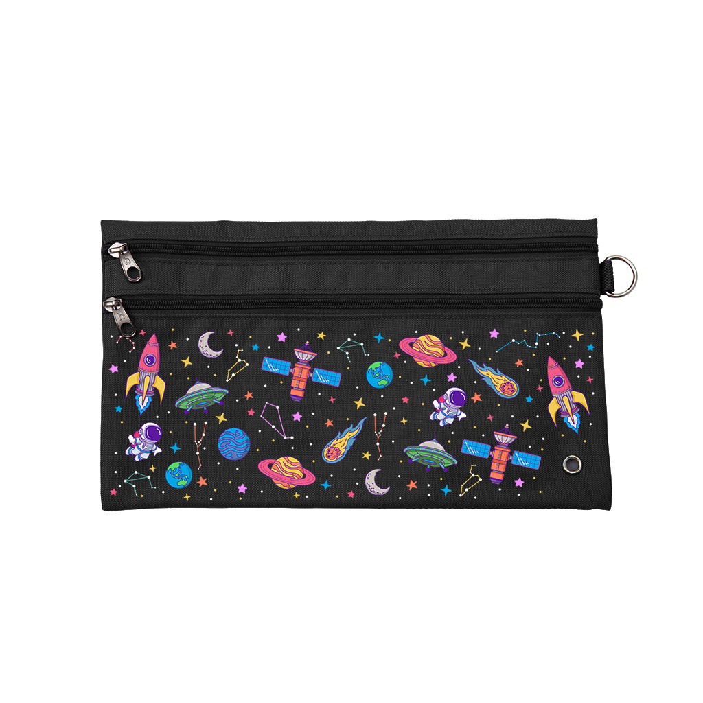 Harlequin Pencil Case in Black with Galaxy Girl design from the Harlequin Creatix Signature Series. Front view displaying two zip compartments, ventilation eyelet and D-ring.