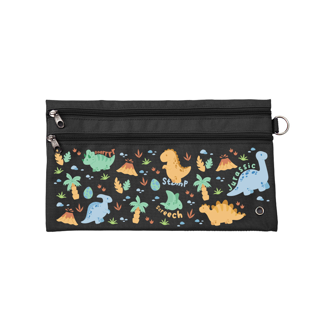 Harlequin Pencil Case in Black with Jurassic design from the Harlequin Creatix Signature Series. Front view displaying two zip compartments, ventilation eyelet and D-ring.