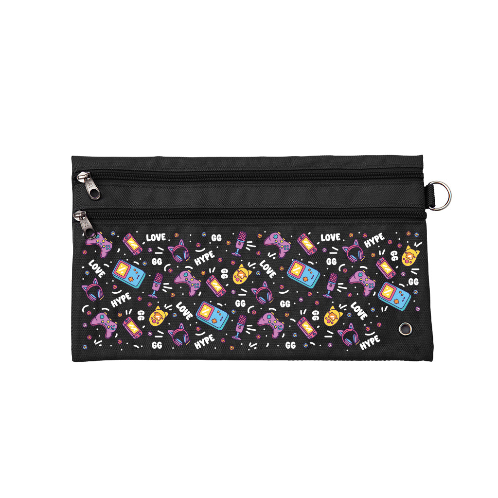 Harlequin Pencil Case in Black with Pixel Chick design from the Harlequin Creatix Signature Series. Front view displaying two zip compartments, ventilation eyelet and D-ring.