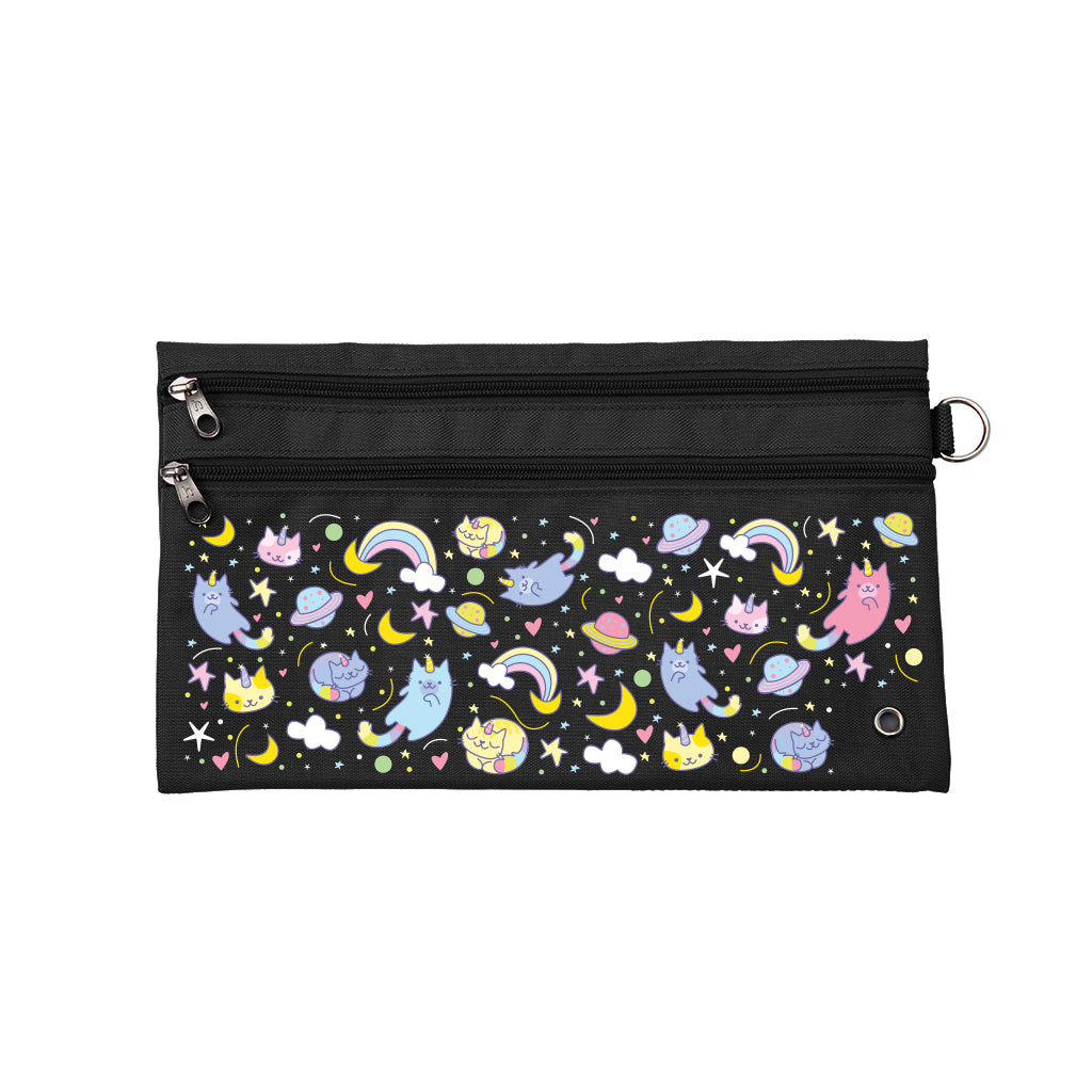 Harlequin Pencil Case in Black with Kittycorn design from the Harlequin Creatix Signature Series. Front view displaying two zip compartments, ventilation eyelet and D-ring.