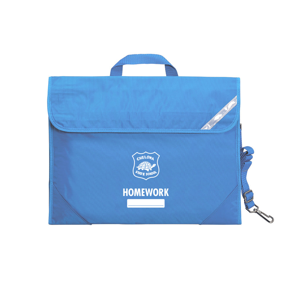 Harlequin Safety Library bag in sky blue displaying carry handle, velcro opening, shoulder strap, reflector safety strip, reinforced corners and Chelona State School logo
