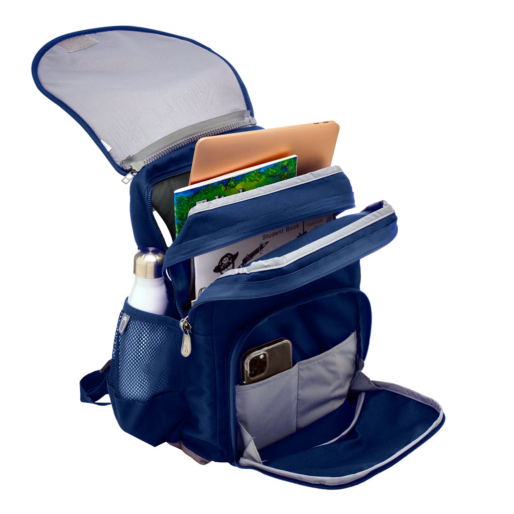 Harlequin Ergo Backpack, two open compartments in color blue school backpack filled with a laptop, books, a student workbook, a water bottle in the side pocket, and a smartphone in the front compartment