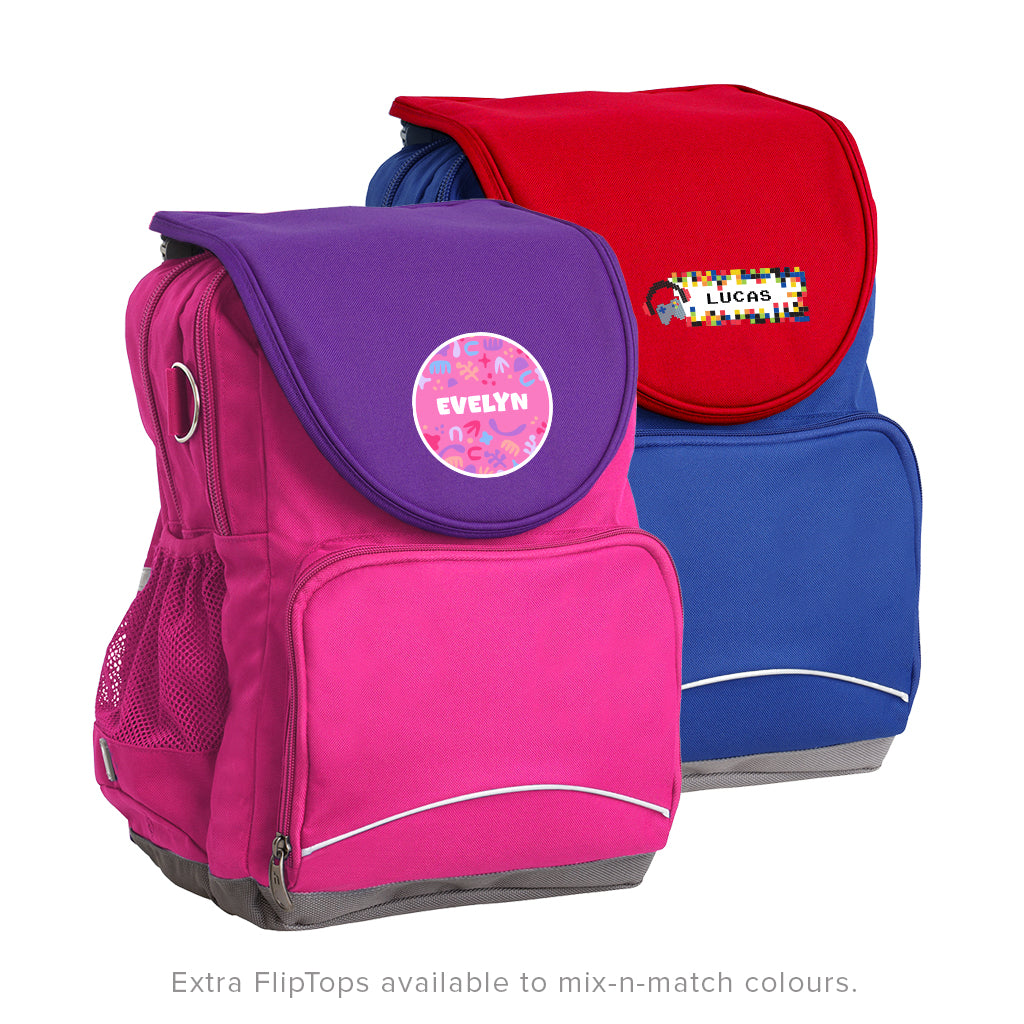 Mix and match graphic of the Harlequin Ergo backpack. The front bag is in pink with a purple flap and personalisation. The bag behind is in royal blue with a red flap and personalisation.