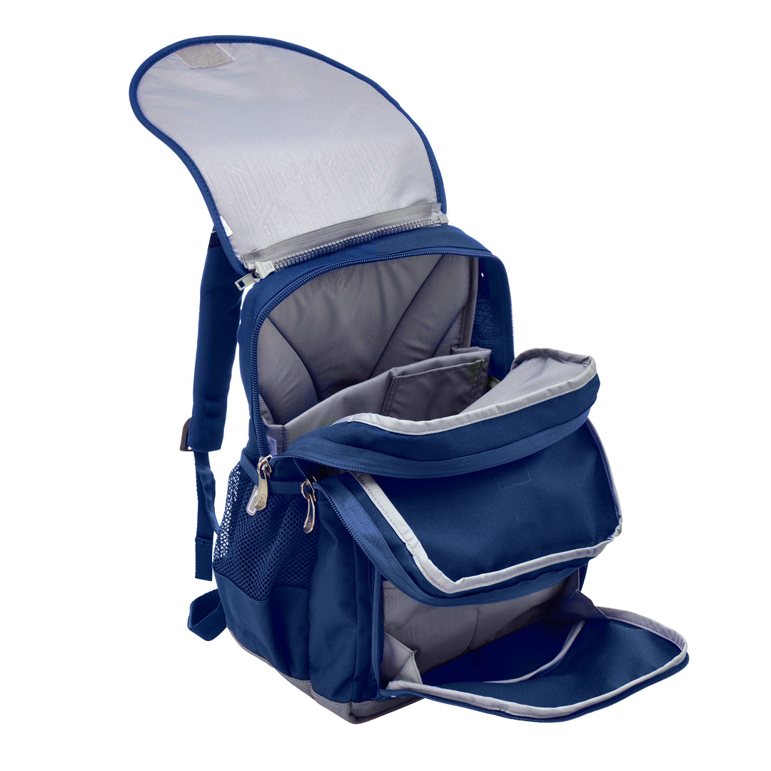 Fully open view of the Harlequin Ergo Primary backpack in Navy. Showing inside the bag the padded laptop pocket, two large main compartments, detachable flap with velcro fastening, open front pocket, padded straps and mesh water bottle pocket on the side.