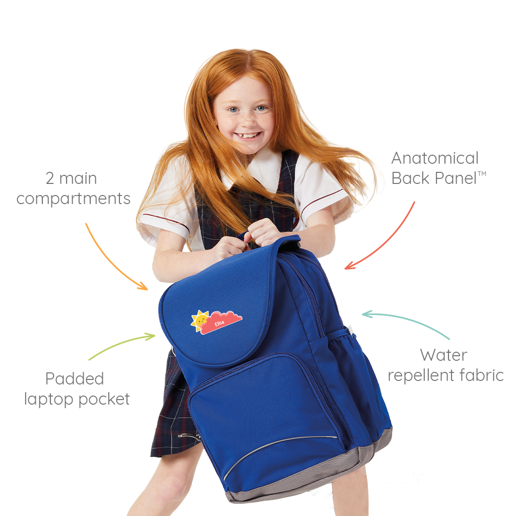 8 year old child model holding the Harlequin Ergo Tuff-Pack Backpack with personalisation. 4 arrows point towards the bag listing key features of the bag.
