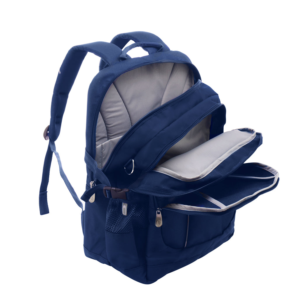 Fully open view of the Harlequin Genius Primary backpack in Navy. Showing internal back, middle and front pockets.