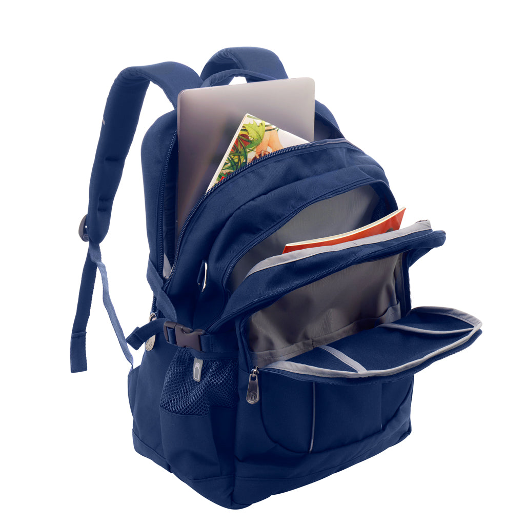 Fully open view of the Harlequin Genius Primary backpack in Navy. Showing internal back, middle and front pockets. The backpack has been packed with school books and a laptop.