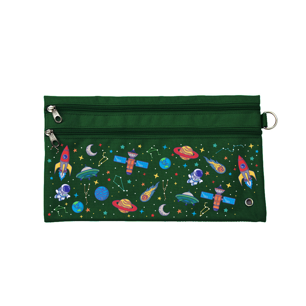 Harlequin Pencil Case in Green with Galaxy Boy design from the Harlequin Creatix Signature Series. Front view displaying two zip compartments, ventilation eyelet and D-ring.