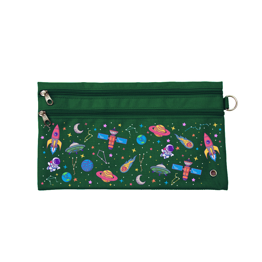 Harlequin Pencil Case in Green with Galaxy Girl design from the Harlequin Creatix Signature Series. Front view displaying two zip compartments, ventilation eyelet and D-ring.
