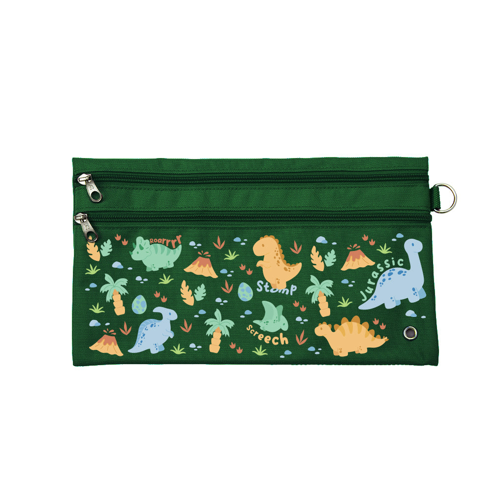 Harlequin Pencil Case in Green with Jurassic design from the Harlequin Creatix Signature Series. Front view displaying two zip compartments, ventilation eyelet and D-ring.