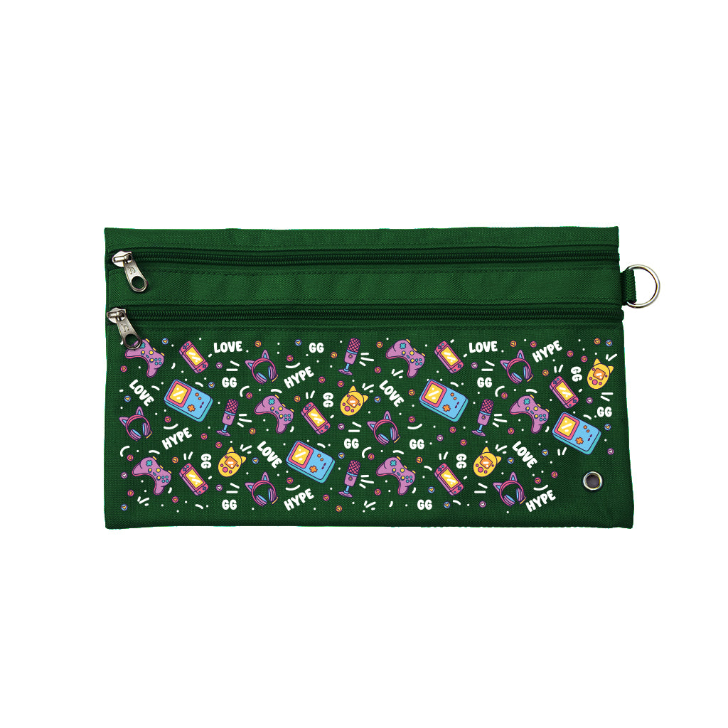Harlequin Pencil Case in Green with Pixel Chick design from the Harlequin Creatix Signature Series. Front view displaying two zip compartments, ventilation eyelet and D-ring.
