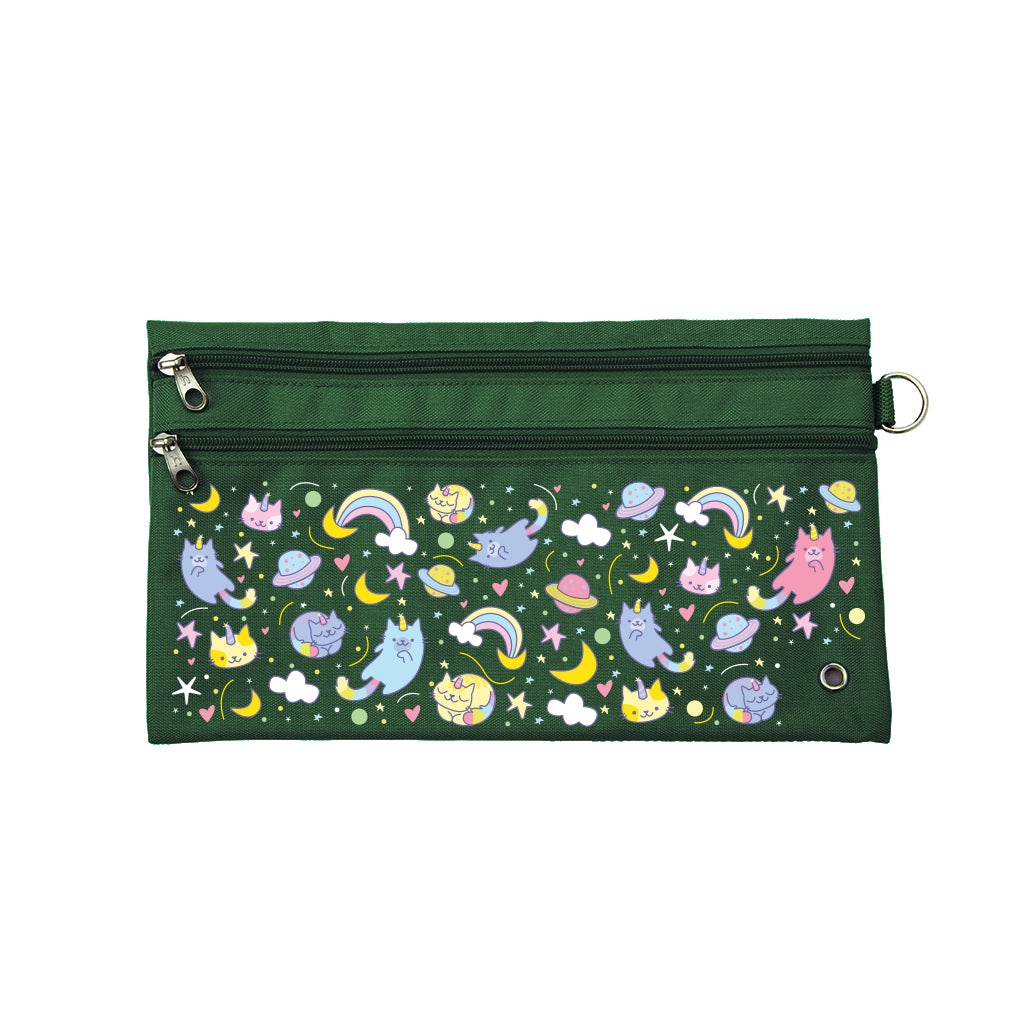 Harlequin Pencil Case in Green with Kittycorn design from the Harlequin Creatix Signature Series. Front view displaying two zip compartments, ventilation eyelet and D-ring.