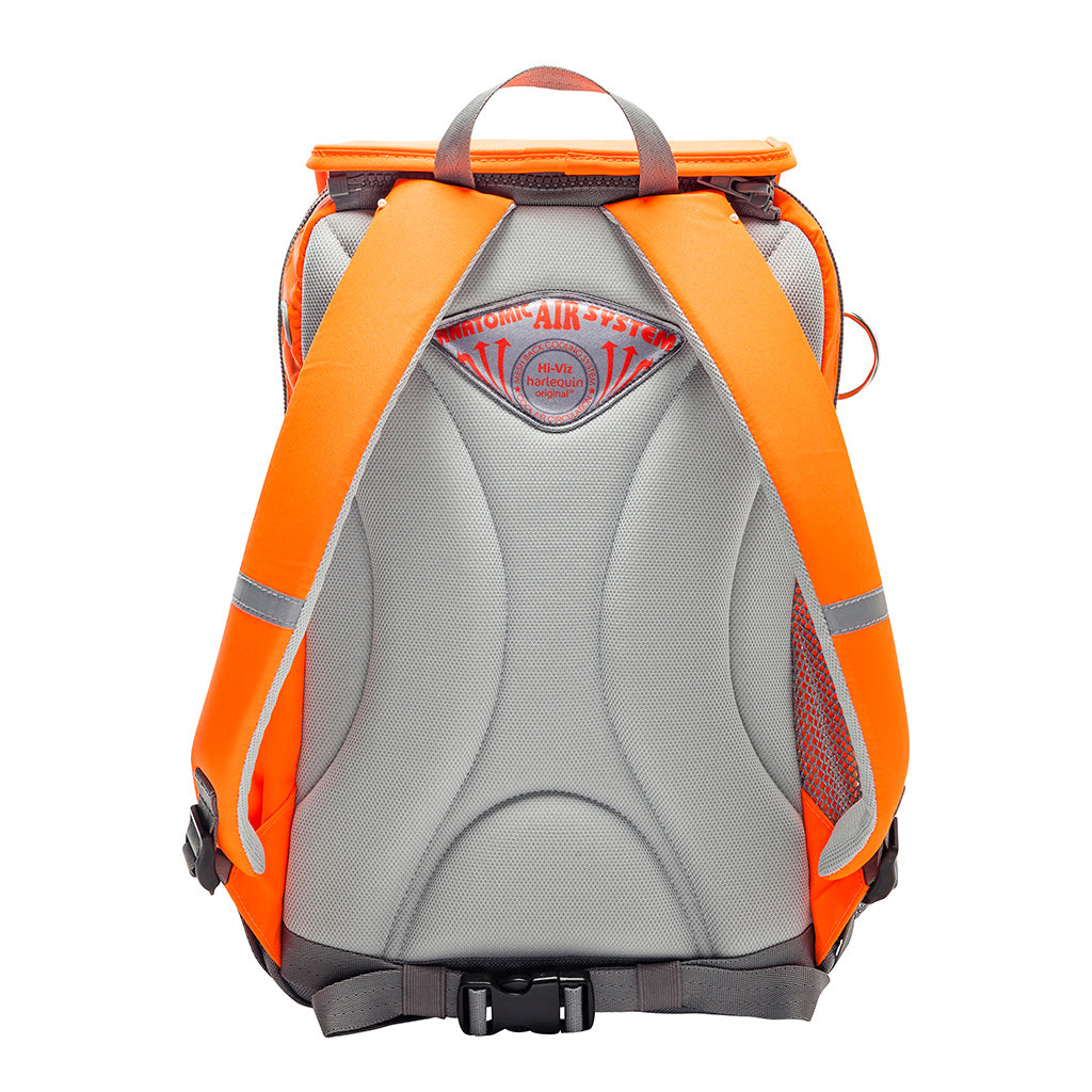 Harlequin Hi-Viz orange Ergo Tuff-Pack Backpack. Back view showing padded shoulder straps, waist strap, Anatomical back System, D-Ring and top handle strap.